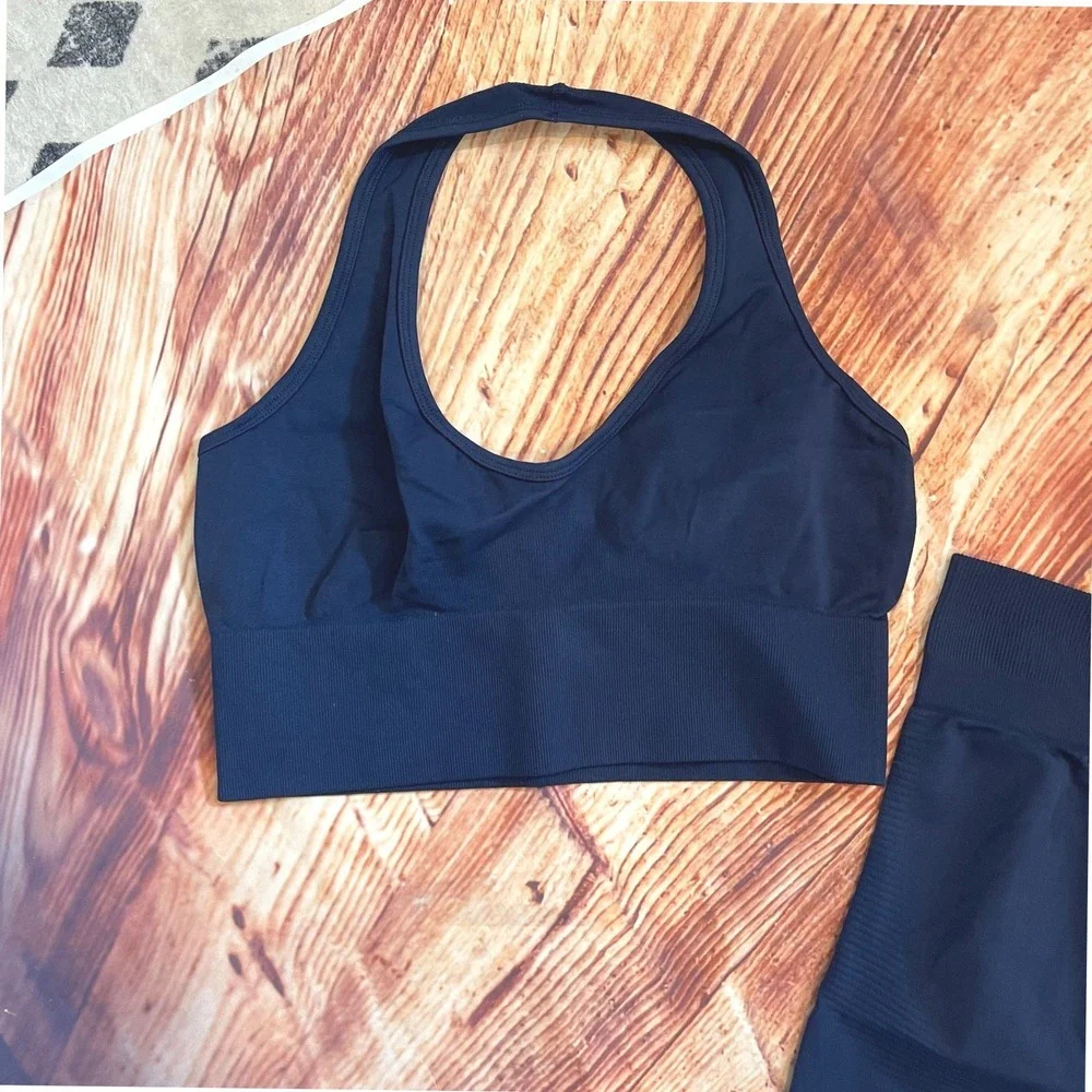 Navy Blue Seamless‎ Ribbed Activewear Set Halter Bra & Scrunch Leggings Large